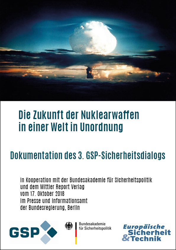 Titelblatt 'Die Zukunft der Nuklearwaffen in einer Welt in Unordnung' mit einem Atompilz einer Nuklearexplosion.