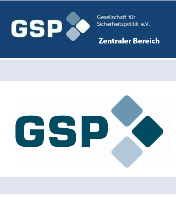 GSP-Logo mit vier Quadraten, 'Gesellschaft für Sicherheitspolitik e.V.' und 'Zentraler Bereich'-Text.