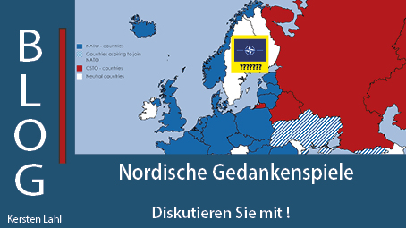 Karte von Europa: NATO (blau), CSTO (rot), neutral (weiß). Finnland mit NATO-Logo und Fragezeichen zu möglicher Mitgliedschaft.