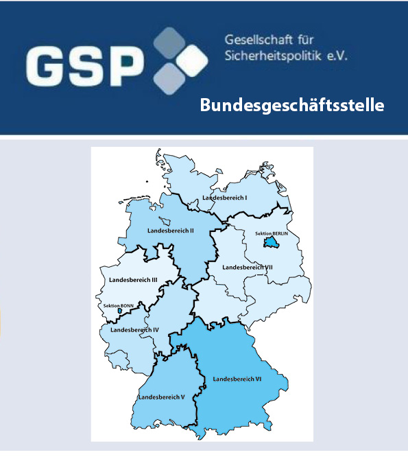 Karte von Deutschland mit 7 Landesbereichen und Sektionen Berlin und Bonn der GSP Gesellschaft für Sicherheitspolitik e.V.