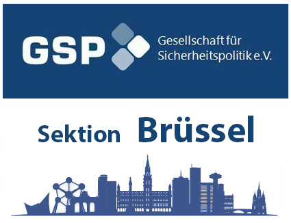 Logo der GSP (Gesellschaft für Sicherheitspolitik) Sektion Brüssel, mit einer Silhouette der Brüsseler Skyline inkl. Atomium.