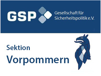 Logo der GSP, Gesellschaft für Sicherheitspolitik e.V., Sektion Vorpommern, mit Text und blauem Wappentier.