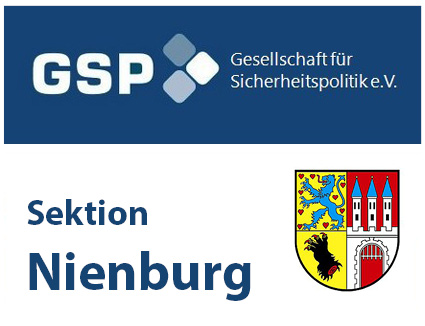 Logo der GSP (Gesellschaft für Sicherheitspolitik e.V.) und Schriftzug 'Sektion Nienburg' mit dem Wappen von Nienburg/Weser.