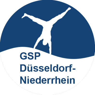 Logo von GSP Düsseldorf-Niederrhein mit Silhouette einer Person, die einen Handstand macht.