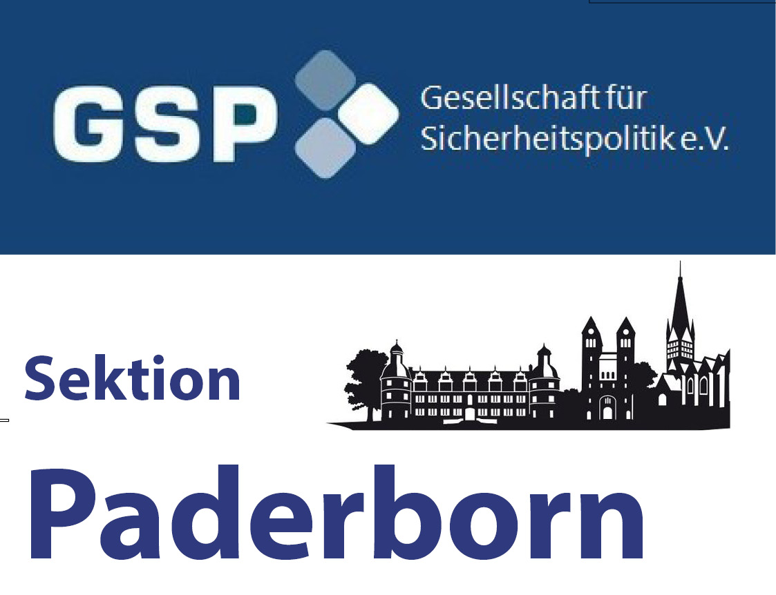 GSP - Gesellschaft für Sicherheitspolitik e.V. Sektion Paderborn Logo mit Stadtsilhouette.