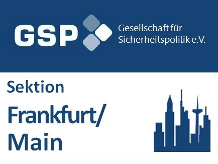 Logo der GSP, Gesellschaft für Sicherheitspolitik e.V., Sektion Frankfurt/Main, mit einer stilisierten Stadtsilhouette.