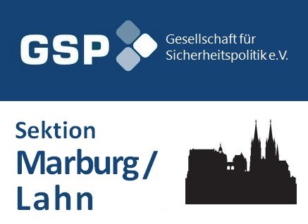 Logo für GSP Gesellschaft für Sicherheitspolitik e.V. Sektion Marburg/Lahn mit Stadtsilhouette.