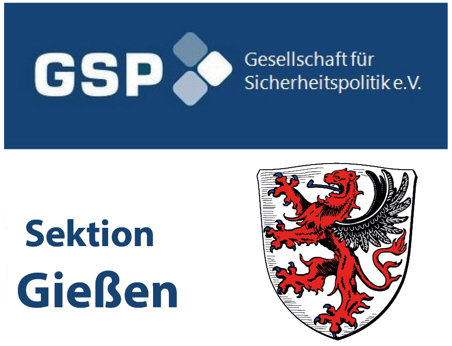 Logo der GSP (Gesellschaft für Sicherheitspolitik e.V.) Sektion Gießen und das Wappen von Gießen mit Löwen und Pfeife.