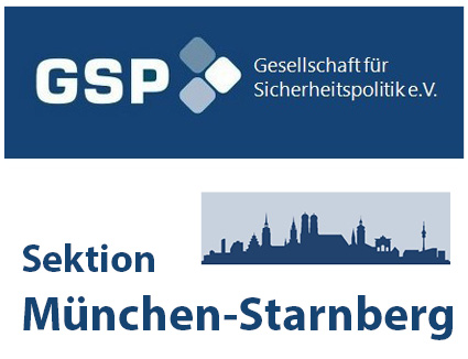 Logo der Gesellschaft für Sicherheitspolitik e.V. (GSP) und ihrer Sektion München-Starnberg mit Münchner Skyline.