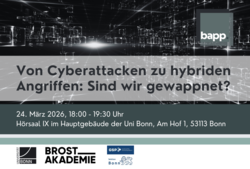 Poster für eine Veranstaltung mit dem Titel 'Von Cyberattacken zu hybriden Angriffen: Sind wir gewappnet?' mit Datum, Zeit, Ort und Logos.