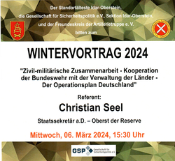 Flyer für den "Wintervortrag 2024" über zivil-militärische Zusammenarbeit, gehalten von Christian Seel am 6. März 2024.