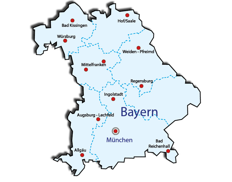 Karte von Bayern, Deutschland, mit administrativen Gliederungen, der Hauptstadt München und weiteren Städten/Regionen.