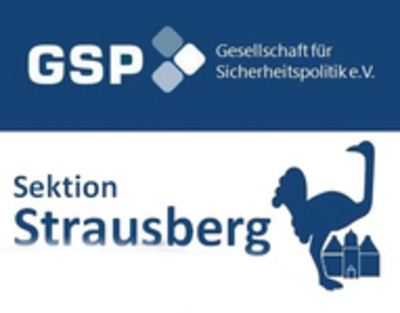 Logo: GSP - Gesellschaft für Sicherheitspolitik e.V., Sektion Strausberg, mit Strauß und Schloss.