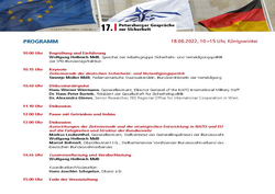 Programm der Petersberger Gespräche zur Sicherheit vom 18.06.2022 in Königswinter, mit EU-, NATO- und Deutschlandflaggen.