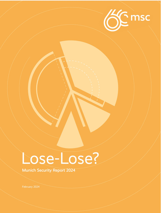 Titelblatt des Münchner Sicherheitsberichts 2024 'Lose-Lose?', mit stilisiertem Friedenszeichen/Kreisdiagramm auf Orange.