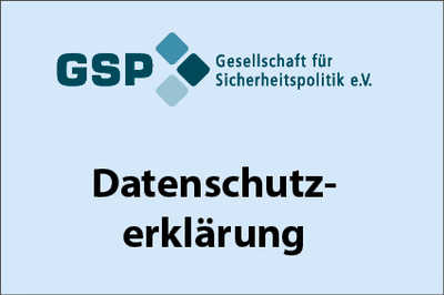 Logo der GSP (Gesellschaft für Sicherheitspolitik e.V.) mit dem Text 'Datenschutzerklärung' auf hellblauem Hintergrund.