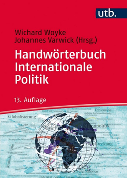 Buchcover: Handwörterbuch Internationale Politik von Woyke/Varwick, 13. Auflage. Roter Hintergrund, Globus mit politischen Begriffen.