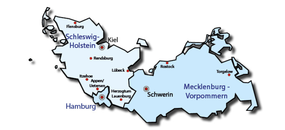 Karte der deutschen Bundesländer Schleswig-Holstein, Mecklenburg-Vorpommern und Hamburg mit verschiedenen Städten.