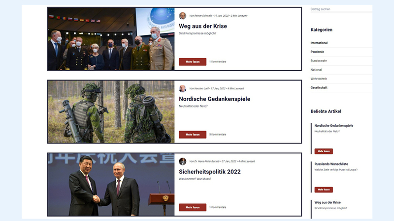 Webseite mit Artikeln: NATO-Russland-Treffen, Soldaten im Wald, und Xi Jinping sowie Putin beim Händeschütteln.