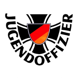 Logo: Schwarzes Kreuz mit Schild in deutschen Farben, Schriftzug 'JUGENDOFFIZIER'.
