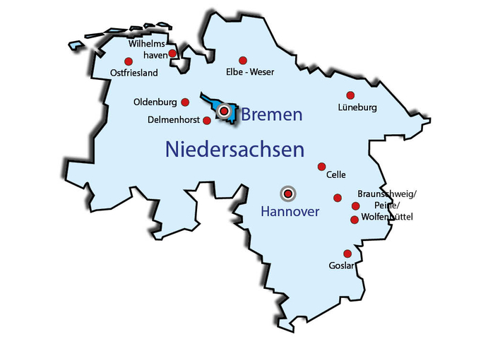Karte des deutschen Bundeslandes Niedersachsen mit der Hauptstadt Hannover, Bremen und weiteren wichtigen Städten/Regionen.