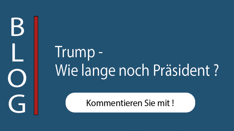 Blogartikel-Vorschau: 'Trump - Wie lange noch Präsident?'. Button: 'Kommentieren Sie mit!'.