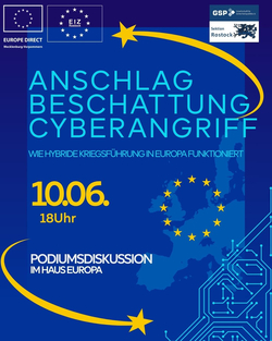 Plakat: Anschlag, Beschattung, Cyberangriff -  Wie hybride Kriegsführung in Europa funktioniert