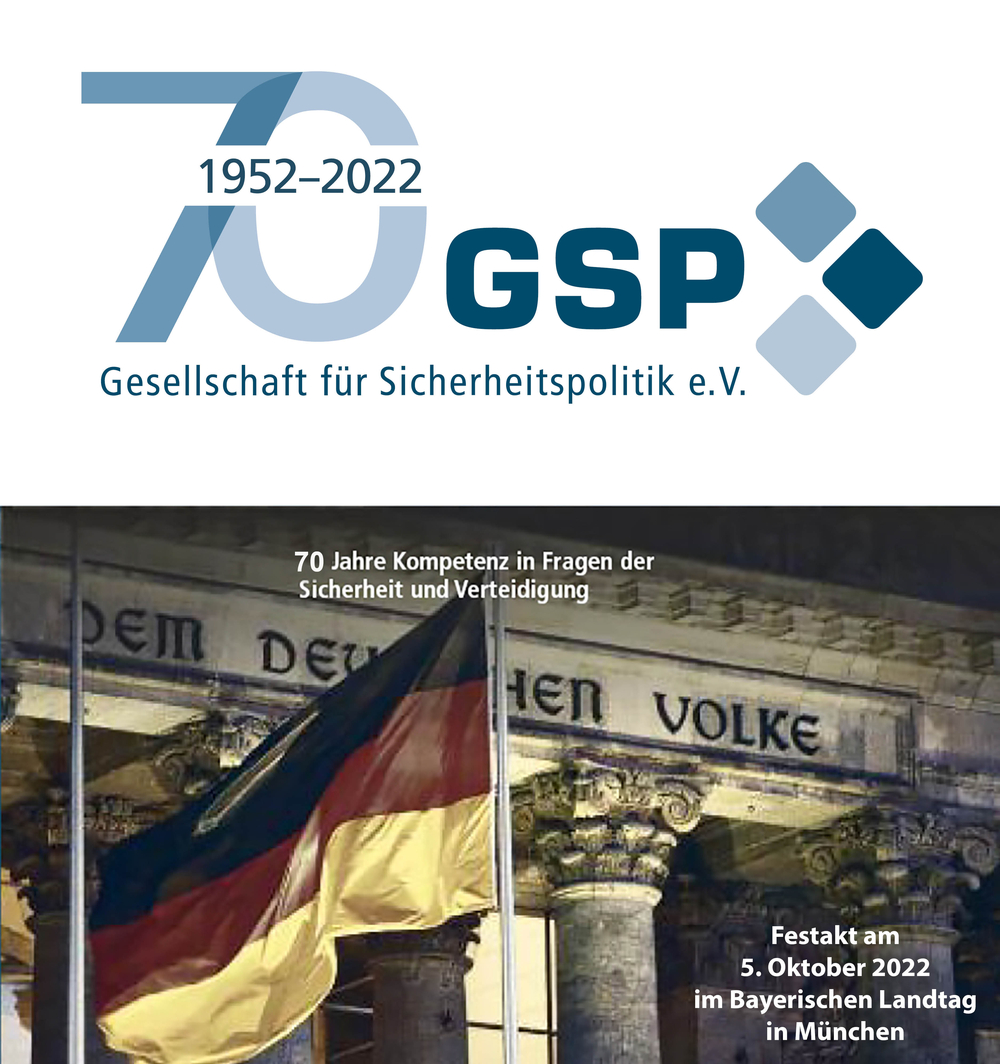 Logo der Gesellschaft für Sicherheitspolitik (GSP) zum 70-jährigen Jubiläum (1952-2022) mit Festakt am 5. Okt. 2022. Deutsche Flagge vor Gebäude.