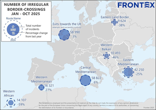 Frontex Karte irregulärer Grenzübertritte in Europa, Jan-Okt 2025, mit Routen, Zahlen und prozentualen Änderungen zu 2024.
