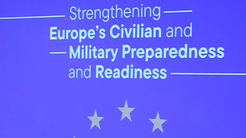 Text: Stärkung der zivilen und militärischen Bereitschaft und Vorbereitung Europas. EU-Sterne sichtbar.