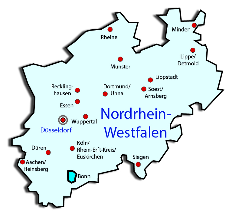 Karte von Nordrhein-Westfalen mit Städten wie Düsseldorf (Hauptstadt), Köln, Dortmund und Bonn.