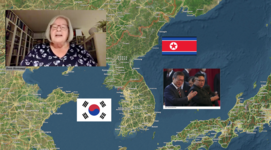 Doris Hertrampf, eine Karte Koreas mit nord- und südkoreanischen Flaggen, und Moon Jae-in mit Kim Jong-un beim Klatschen.