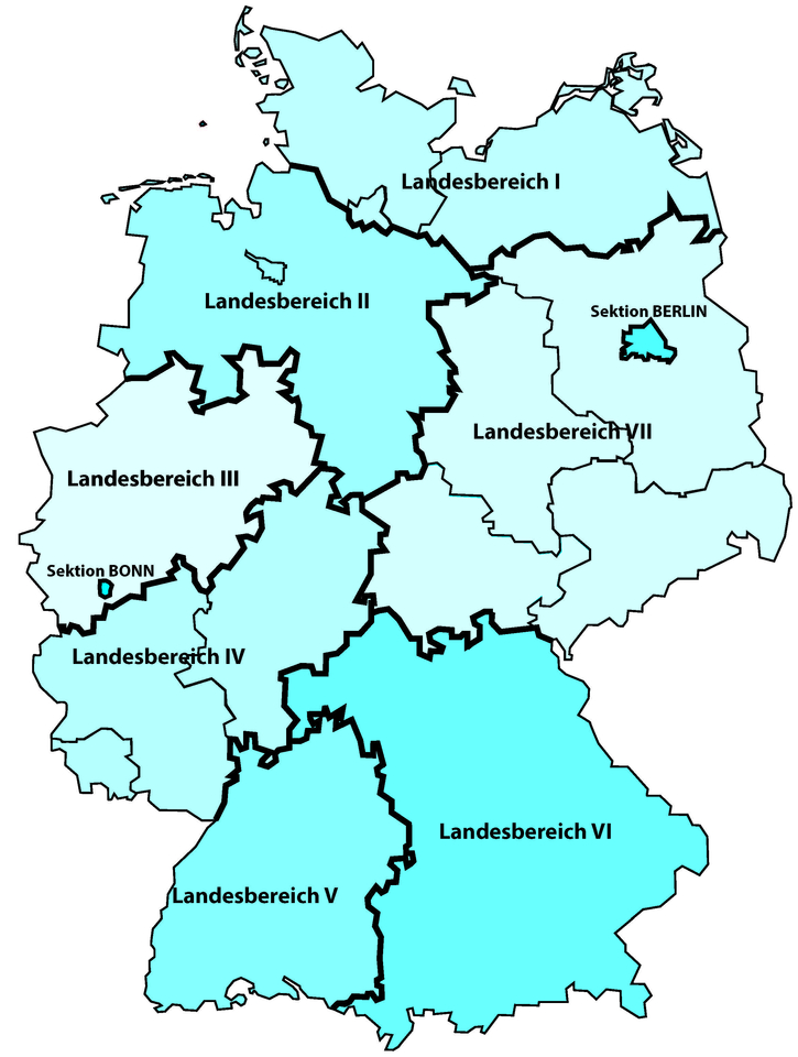 Karte Deutschlands, aufgeteilt in Landesbereiche I bis VII, mit speziellen Sektionen für Berlin und Bonn.