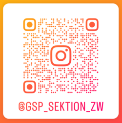 Instagram QR-Code für das Profil @GSP_SEKTION_ZW auf einem orange-roten Hintergrund.