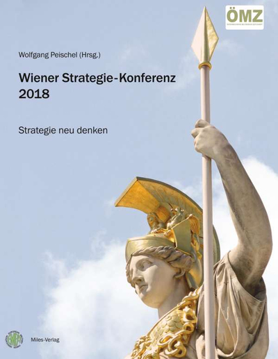 Buchcover zur 'Wiener Strategie-Konferenz 2018' mit einer klassischen Götterstatue, die einen Speer hält, vor blauem Himmel.