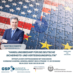 Martin Konertz, Brigadegeneral a.D., lächelt vor einem Puzzle aus US-, NATO- und EU-Flaggen; kündigt Vortrag zur Sicherheitspolitik an.