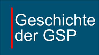 Weißer Text 'Geschichte der GSP' auf dunkelblauem Hintergrund mit roter vertikaler Linie links.