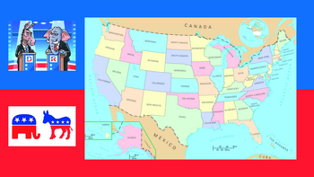 Politische Karte der USA mit Cartoon-Demokraten-Esel und Republikaner-Elefant im Dialog, sowie Parteilogos.