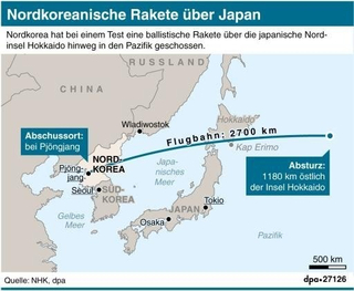 Karte: Nordkoreanische ballistische Rakete von Pjöngjang über Japans Hokkaido in den Pazifik abgeschossen.