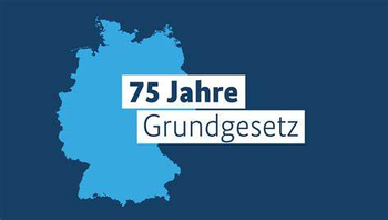 Karte Deutschlands mit dem Text '75 Jahre Grundgesetz'.