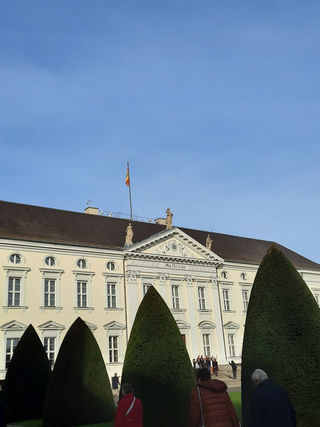 Schloss Bellevue, deutsche Präsidentenresidenz, unter blauem Himmel, teilweise verdeckt von großen grünen Kegelhecken.