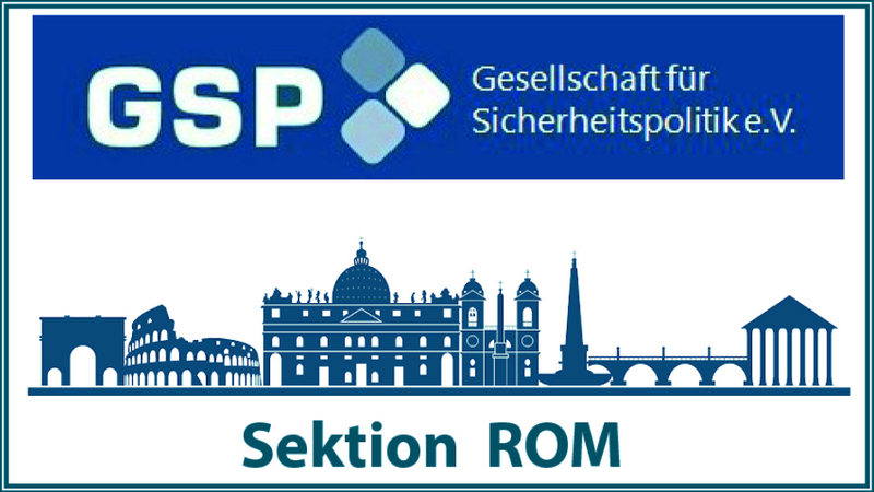 Logo der Gesellschaft für Sicherheitspolitik (GSP) mit stilisierten römischen Wahrzeichen und dem Text "Sektion ROM".