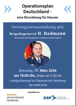 Plakat für einen Vortrag von Brigadegeneral H. Radmann über den 'Operationsplan Deutschland' für Hessen, 17. März 2026, Marburg.