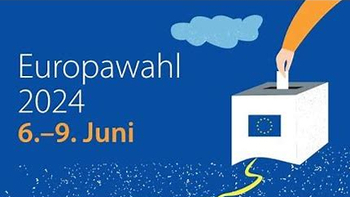 Europawahl 2024, 6.-9. Juni. Hand wirft Stimmzettel in Wahlurne mit EU-Flagge.
