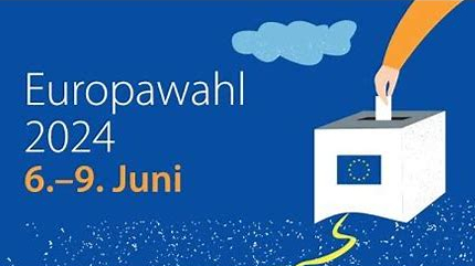 Europawahl 2024, 6.-9. Juni. Hand wirft Stimmzettel in Wahlurne mit EU-Flagge.