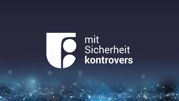 Weißes Logo (abstraktes 'R' oder Person) und Text 'mit Sicherheit kontrovers' auf dunkelblauem Hintergrund mit digitalem Netzwerk.
