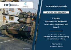 Veranstaltungshinweis: Gepard-Panzer und Soldat bewerben SHORAD-Flugabwehr-Diskussion am 28.04.2022.