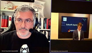Geteilte Ansicht einer Videokonferenz mit Manuel Atug links und einem jungen Mann, der "Zukunft Apoka?!" präsentiert, rechts.