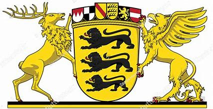 Wappen von Baden-Württemberg mit goldenem Schild, drei schwarzen Löwen, flankiert von Hirsch und Greif.