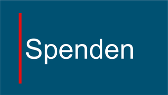 Weißer Text 'Spenden' mit einer roten vertikalen Linie auf dunkelblaugrünem Hintergrund.